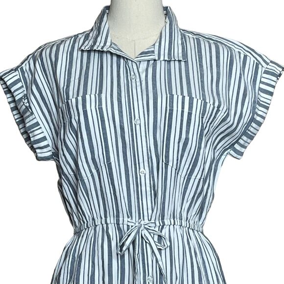 Japna Striped 100% Cotton Button Up Mini Shirt Dress Pockets Collared Size M - Picture 3 of 10